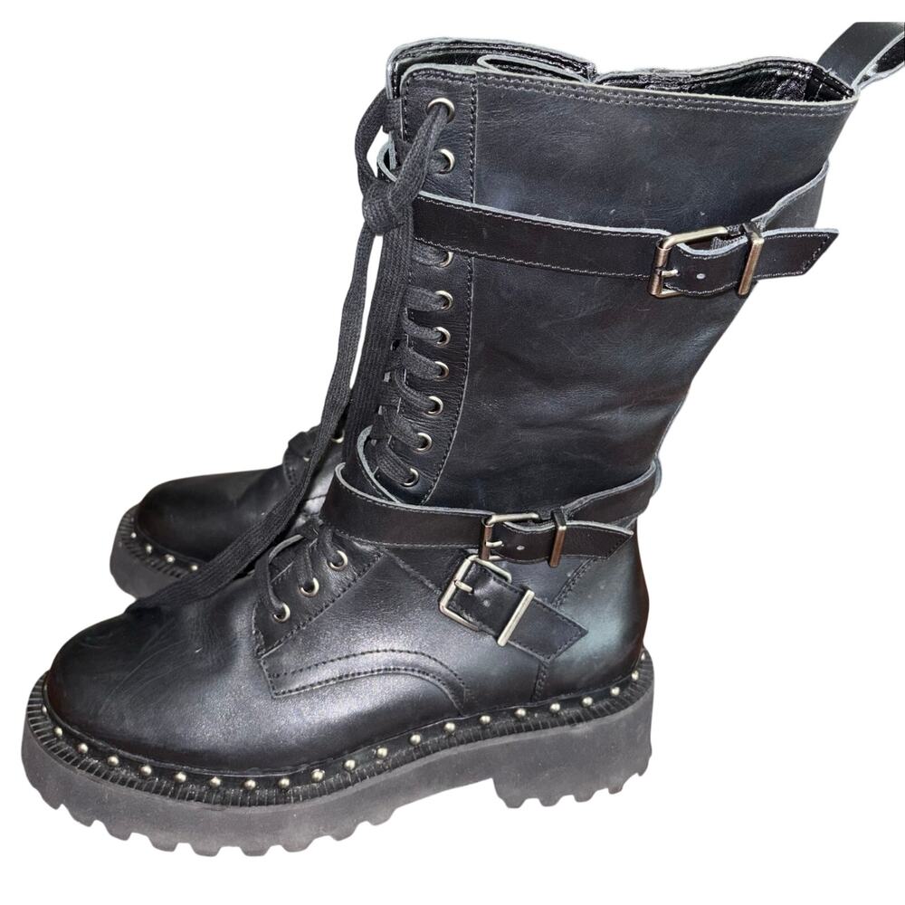 Vince Camuto Meterla women’s black leather silver studded combat boots size 8.5